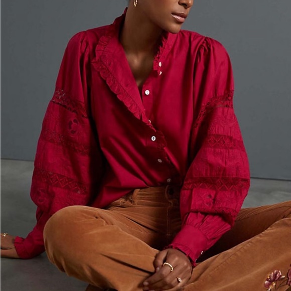 Anthropologie Tops - Anthropologie Love The Label Lace Sleeve Buttondown Blouse Sz S EUC
